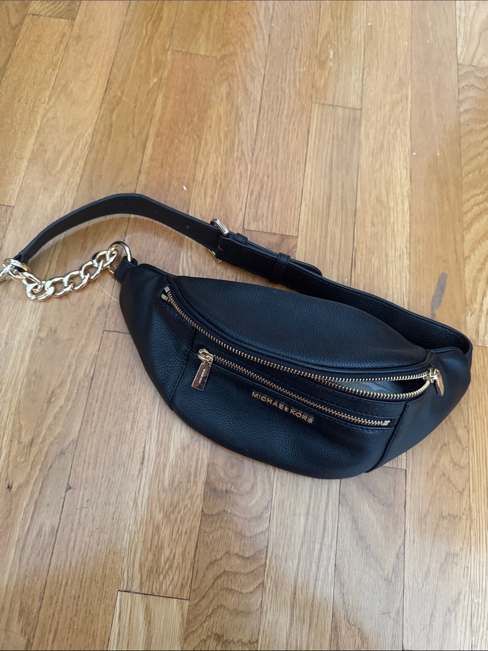 Michael Kors Black Leather Waist Bag with Gold Hardware
